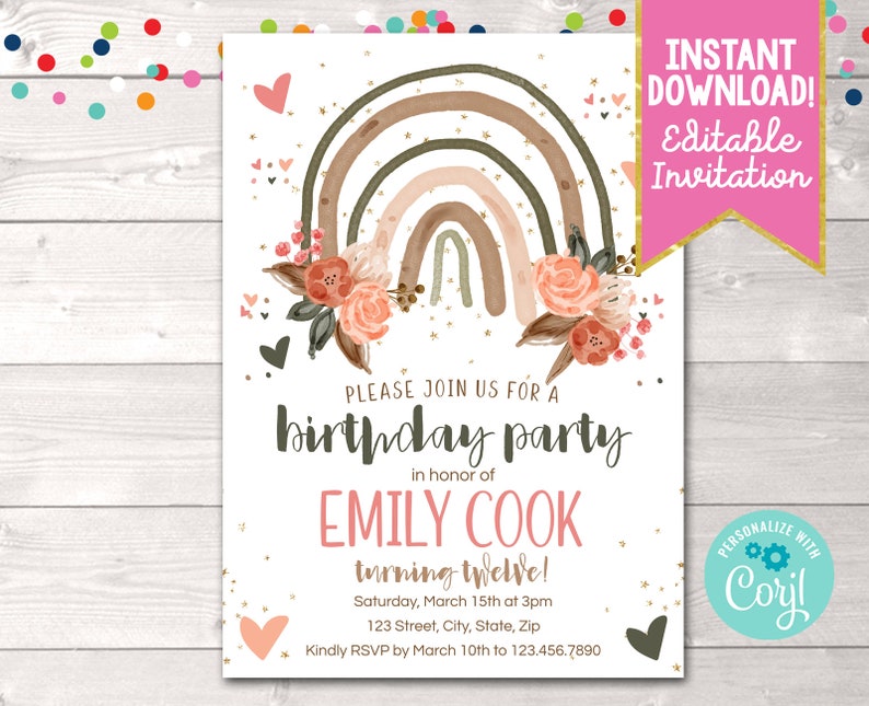 Instant Download Boho Rainbow Birthday Party Invitation Editable Girls Boho Birthday Party Invite Printable Rainbow Birthday