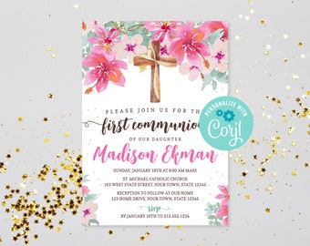 Editable Girls First Communion Invitation, Printable Watercolor Flowers 1st Communion Invite, Instant Download Girls Religious Invitation