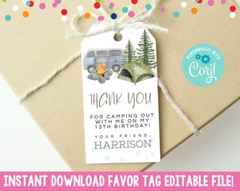 Printable Camping Birthday Party Favor Tag, Camping Woods Adventure Gift Tag Instant Download Digital File, Editable Boys Camping Favor Tag