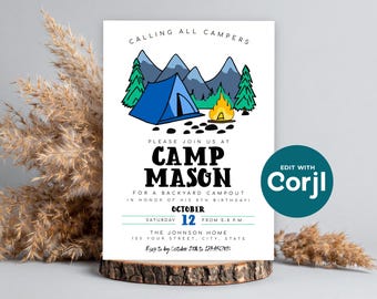 Camping Birthday Party Invitation: Editable Backyard Campout (Digital Download) Print or Text