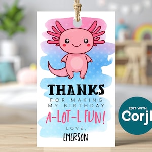 Editable Axolotl Birthday Favor Tag: Pink Party Theme (Digital Download)