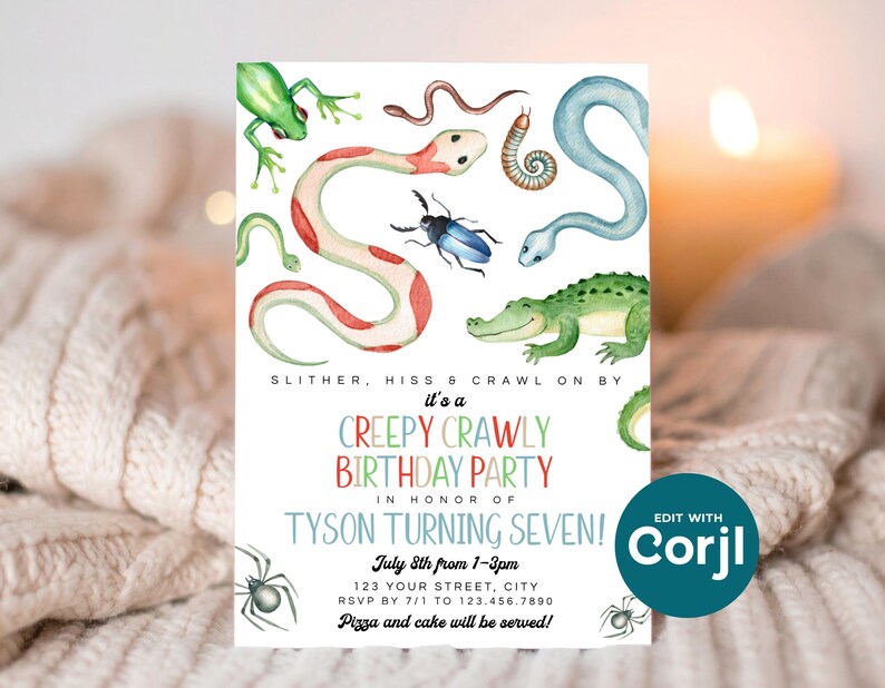 Reptile Birthday Party Invitation: Snakes, Spiders, Frog (Printable) Print or Text image 8