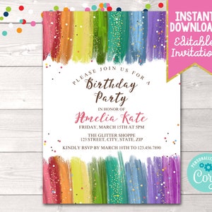 Editable Rainbow Birthday Party Invitation Printable Art Party Rainbow Glitter Birthday Invite Instant Download Digital File Birthday Invite