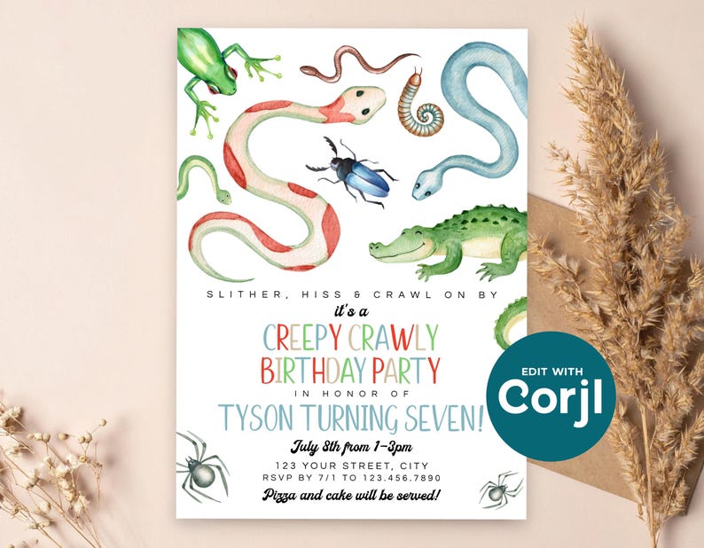 Reptile Birthday Party Invitation: Snakes, Spiders, Frog (Printable) Print or Text image 10