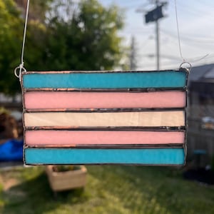 Puede incluir: Un panel de vidrieras con la bandera del orgullo transgénero. La bandera presenta franjas horizontales de color azul claro, rosa y blanco. El panel está enmarcado con metal oscuro y está suspendido por un alambre fino.