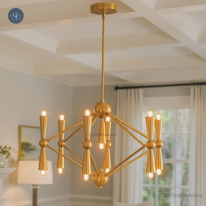 Brass Geometric 16-Bulb Chandelier - Mid-Century Modern Pendant