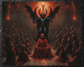 Puede incluir: Una pintura oscura y dramática que representa una figura demoníaca con grandes alas y una cabeza con cuernos, de pie sobre una figura vestida con una túnica sentada frente a una multitud. La escena está representada en tonos rojos y negros, con un fondo ardiente.