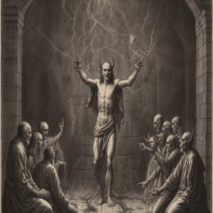 May include: A black and white illustration depicting a group of people gathered around a horned figure with a lightning bolt above their heads. The figure is standing with arms raised, and the people are kneeling or sitting. The scene is set in a dark, stone room with an arched doorway.