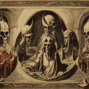 May include: A vintage-style illustration of five skeletal figures with horns and pointed ears. The figures are dressed in robes and appear to be in a ritualistic setting. The artwork is done in shades of gray and brown, with a background that resembles a stone wall.