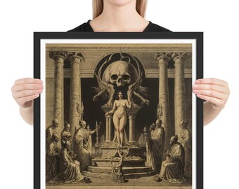 May include: Framed print featuring a sepia-toned illustration of a ritual scene. A nude figure stands on a platform beneath a skull, surrounded by robed figures. The artwork has a classical, gothic aesthetic.