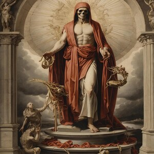 Puede incluir: Una figura esquelética vestida con una túnica roja y una máscara de calavera se encuentra de pie sobre una plataforma, sosteniendo una balanza y una cadena. La figura está rodeada por un halo circular con rayos de luz que emanan de él. La figura está de pie sobre una plataforma con un paño rojo drapeado sobre ella. Hay dos figuras arrodilladas en la base de la plataforma, una con una calavera y la otra con una serpiente.