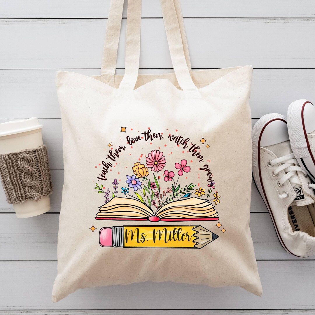 Custom Floral Teacher Tote Bag, Personalized Teacher Gift - Etsy