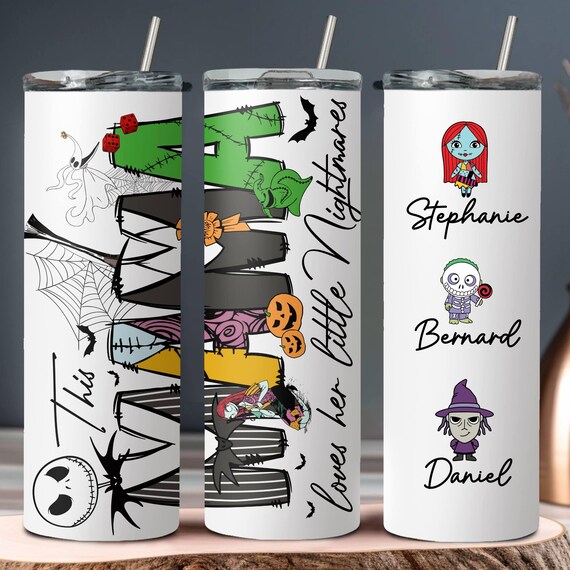Personalized Halloween Mama Tumbler: Kids Names “This Mama Loves Her Nightmares” Cup