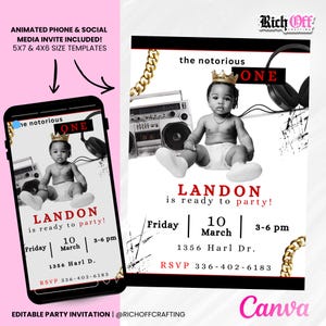 Notorious ONE パーティー招待状、編集可能な招待状、ヒップホップバースデー、90年代ベビーテーマ