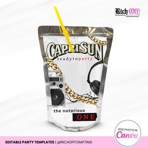 悪名高いワンジュースポーチテンプレート：ヒップホップパーティー、1歳の誕生日