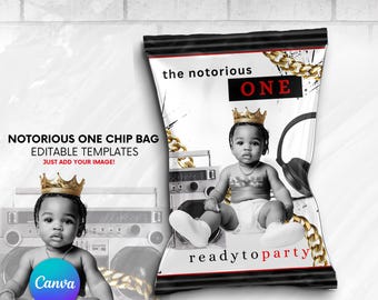 Notorious One Party Favor, Chip Bag Template, First Birthday, Boy Party, Hip Hop Theme