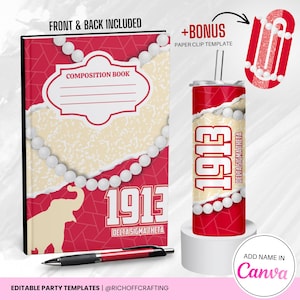 Può includere: Un set di quaderno, bicchiere e penna rosso e bianco. Il libro e il bicchiere presentano la scritta "1913 DELTA SIGMA THETA" e un motivo a collana di perle. La penna è rossa e nera. L'immagine include il testo "FRONT & BACK INCLUDED" e "+BONUS PAPER CLIP TEMPLATE".