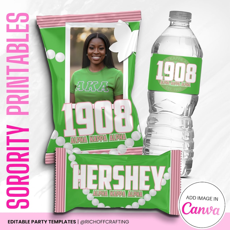 AKA Party Favors, Sorority Templates, Chip Bag, Water Label, Candy Wrapper, Canva Design image 2