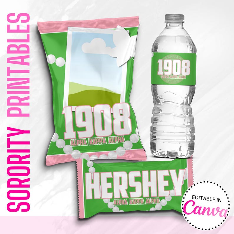 AKA Party Favors, Sorority Templates, Chip Bag, Water Label, Candy Wrapper, Canva Design