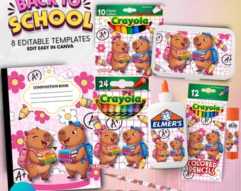 Capybara Back To School Templates, Custom School Supply Labels, Composition Notebook Cover