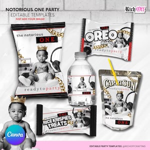 Könnte beinhalten: Eine Sammlung bearbeitbarer Partyvorlagen mit einem Baby, das eine goldene Krone, Goldketten und Kopfhörer trägt. Die Artikel umfassen eine Chipstüte, eine Oreo-Minis-Verpackung, ein Wasserflaschenetikett, einen Saftbeutel und Text.