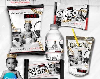 Notorious One Party Favor Templates: Chip Bag, Candy Wrapper, Water Label, Cookie, Juice Box