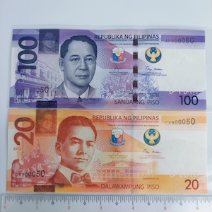 000050 Niski numer 2022 - 2023 20 i 100 peso Filipiny Marcos - Medalla Lot 2 szt. Banknot Nowa generacja Waluta Pieniądze Kolekcjonerskie Unc