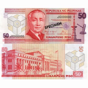 Op de afbeelding: Een Filipijns bankbiljet van 50 peso met een portret van Manuel L. Quezon, de eerste president van het Gemenebest van de Filippijnen, en het gebouw van de Centrale Bank van de Filippijnen. Het bankbiljet is rood en wit met een veiligheidskenmerk dat een 3D-kubus is.