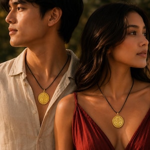 Pode incluir: Duas pessoas usando colares com medalhões dourados e cordões pretos. Os medalhões têm um design detalhado. Uma pessoa usa uma camisa bege, a outra um vestido vermelho. Os colares são o ponto focal.