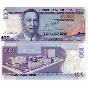 May include: A 100 Philippine Peso banknote with a portrait of Manuel A. Roxas, the first president of the Philippines, on the front and a view of the Bangko Sentral ng Pilipinas building on the back. The note is marked "SPECIMEN" and has the text "SANDAANG PISO" printed on it.