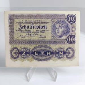 Banconota da 10 corone austriache del 1922 / Banca Oesterreichisch-Ungarische / Valuta della Prima Repubblica / Moneta cartacea storica / Numero di serie 174582