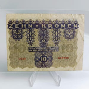 1922 Österreich 10 Kronen Geldschein | Oesterreichisch-Ungarische Bank | Erste Republik Währung | Historisches Banknoten | Seriennummer 607809