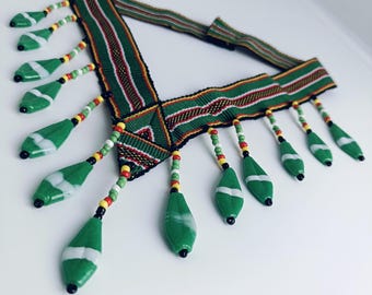 Philippines Tribal Native Choker Necklace | Symbolic Ancestral Pattern | Colorful Woven Design for High-End Fashion | Green Black Yellow