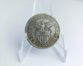 1909 Filipinas 50 Centavos: US Philippines Vintage Silver Coin