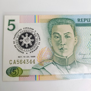 Pagdalaw ng Pangulong Corazon C. Aquino Sa Amerika Gedenk Banknote Philippinen 5 Pesos 1986 P-175a New Design Series Stempelglanz