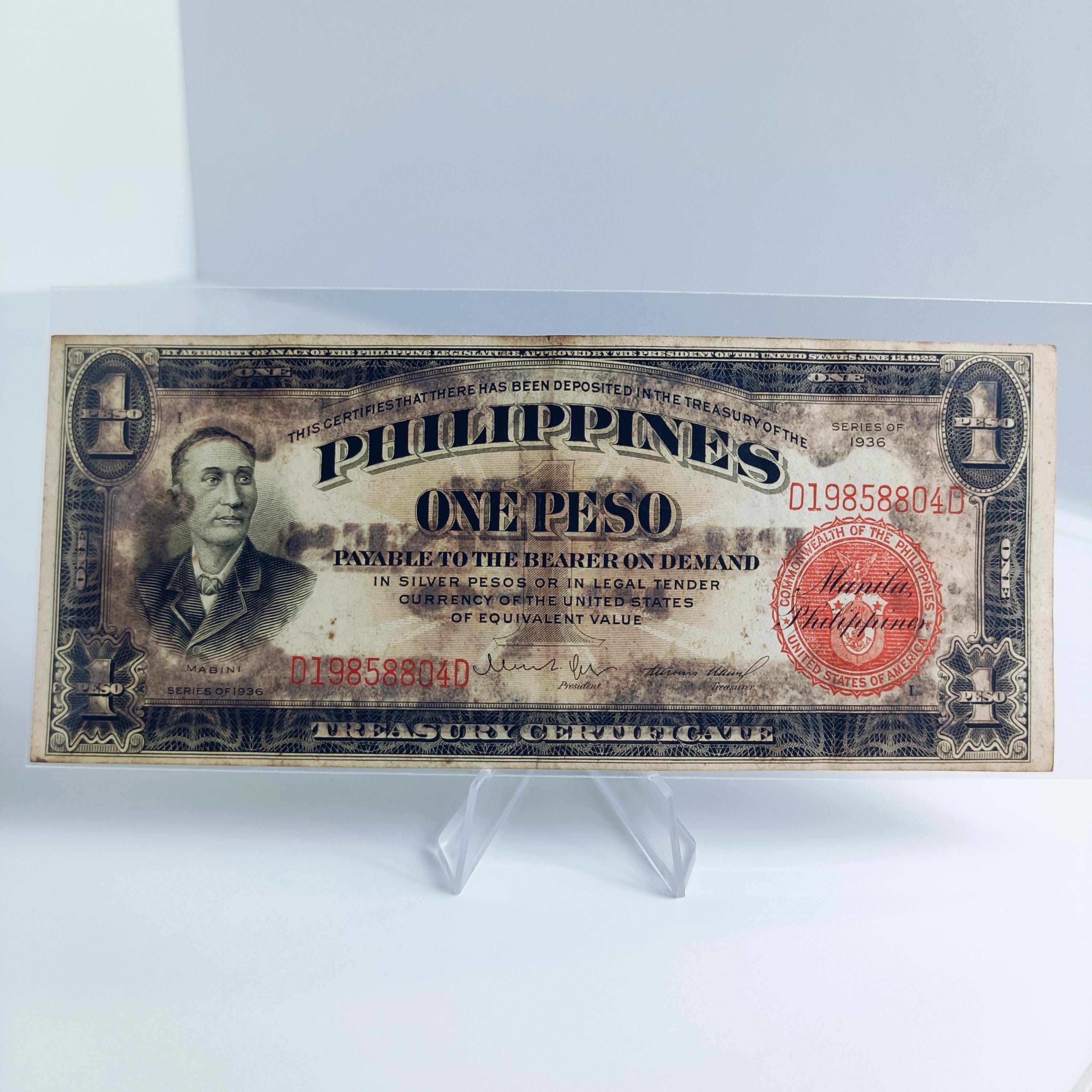 1938年 1ペソ 本物保証 1937 Philippine Islands One Peso Treasury Certificate - Etsy
