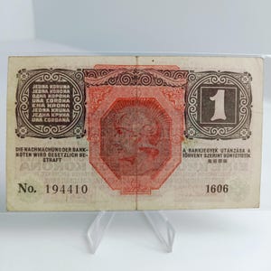 Banconota da 1 corona dell'Austria-Ungheria del 1919 / Valuta storica multilingue / Carta moneta dell'Impero austro-ungarico / Numero di serie 194410