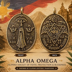Amuleto Filipino Alfa Ômega | Medalha de Nossa Senhora de Fátima | Presente Católico | Pingente em Tom de Bronze | Talismã Devocional Popular