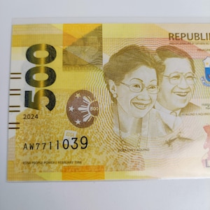 Philippinen 500 2024, Marcos BBM - Remolona, Siebenstellige Varietät, verbesserte Währung der neuen Generation, Geldsammlung Seriennummer AW7711039 Unc