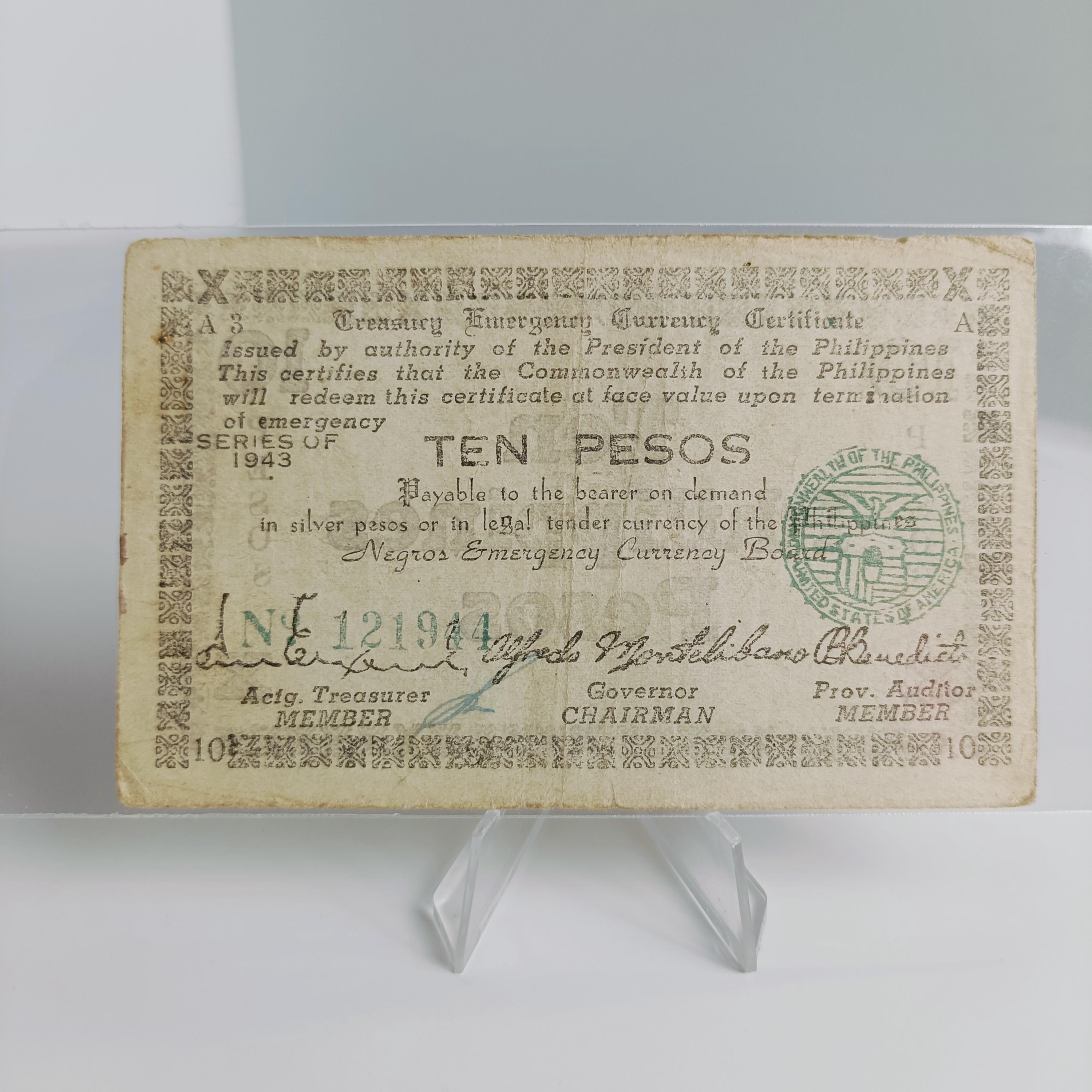 Philippines 10 Pesos 1943 Negros Emergency Banknote: Vintage Currency