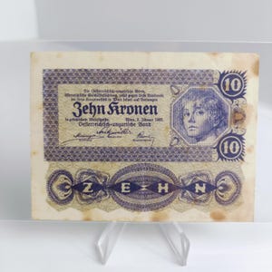 1922 Österreich 10 Kronen Geldschein | Oesterreichisch-Ungarische Bank | Erste Republik Währung | Historisches Banknoten | Seriennummer 475183