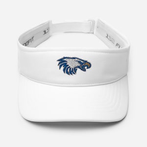 May include: White visor with an embroidered blue and gold eagle logo. The visor has a curved brim and an adjustable strap. The logo is on the front of the visor. The visor is made of a lightweight material.