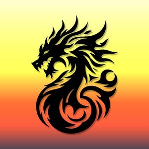 Puede incluir: Silueta negra de un dragón con detalles intrincados, sobre un fondo degradado de amarillo, naranja y morado. La cabeza del dragón es visible, con dientes afilados y un diseño detallado.