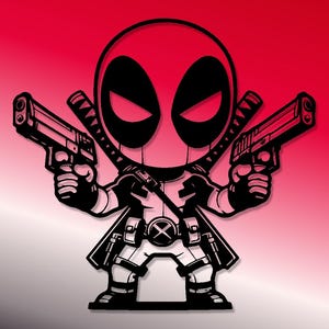 Puede incluir: Ilustración de dibujos animados en blanco y negro de Deadpool sosteniendo dos pistolas, con dos katanas en la espalda. El personaje está sobre un fondo degradado rojo y blanco.