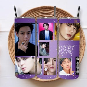 May include: Purple tumbler with a collage of photos of men. The tumbler has a straw and a white background with gold stars. The text "Insert Name" is on the tumbler.