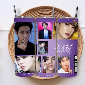 May include: Purple tumbler featuring images of several people, with the text "INSERT NAME" in a script font. The tumbler has a black straw and is decorated with small white dots and gold stars.