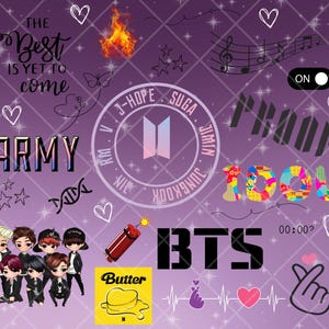 May include: A purple background with a collage of images related to the K-pop group BTS. The images include the group's logo, the words "ARMY" and "BTS", and a cartoon image of the band members. The text "The Best Is Yet To Come" is also included.
