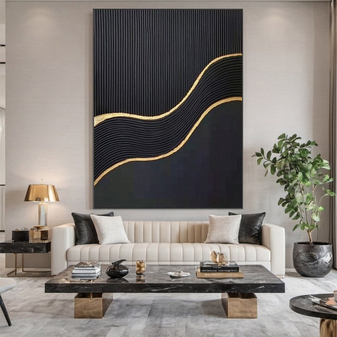 Large Wabi Sabi Wall Art, Black and Gold Textured Wall Art, 3D Black