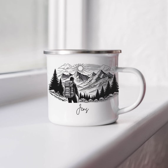 Tasse Outdoor personalisiert, Tasse Wandern personalisiert, Emaille Sport, Tasse Berge, Tasse personalisiert, Geschenk, Camping Emaille