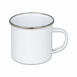 May include: White enamel mug with a silver rim and handle.